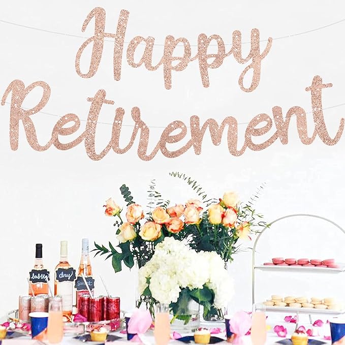 BEISHIDA Rose Gold Glitter Happy Retirement Banner - Pre-Strung, No DIY, Party Supplies for Women & Men