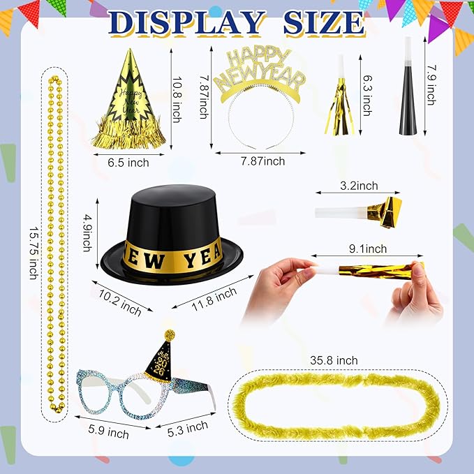 402 Pcs 2026 New Year's Eve Party Supplies for 100 Guests Includes Top Hats Cone Hats Tiaras Glasses Horns Squawkers Blowouts Bead Necklaces Lei Necklace Happy New Year