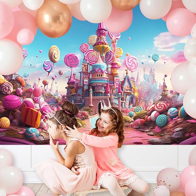8x6ft Candyland Backdrop Fantasy Pink Castle Sweet Candy Photography Background Girls Birthday Candyland Theme Party Decorations Banner Photo Studio Props