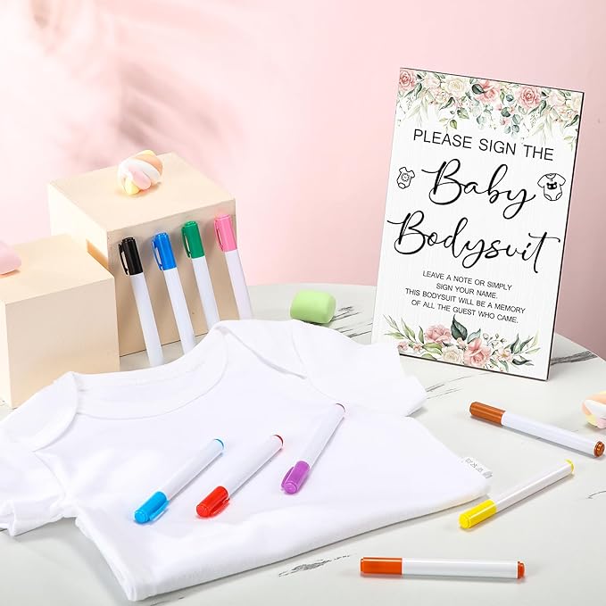 Qunclay 12 Pcs Baby Shower Game Decor with White Unisex Bodysuit Wooden Sign Tabletop Decor and Marker for Guests(Floral)