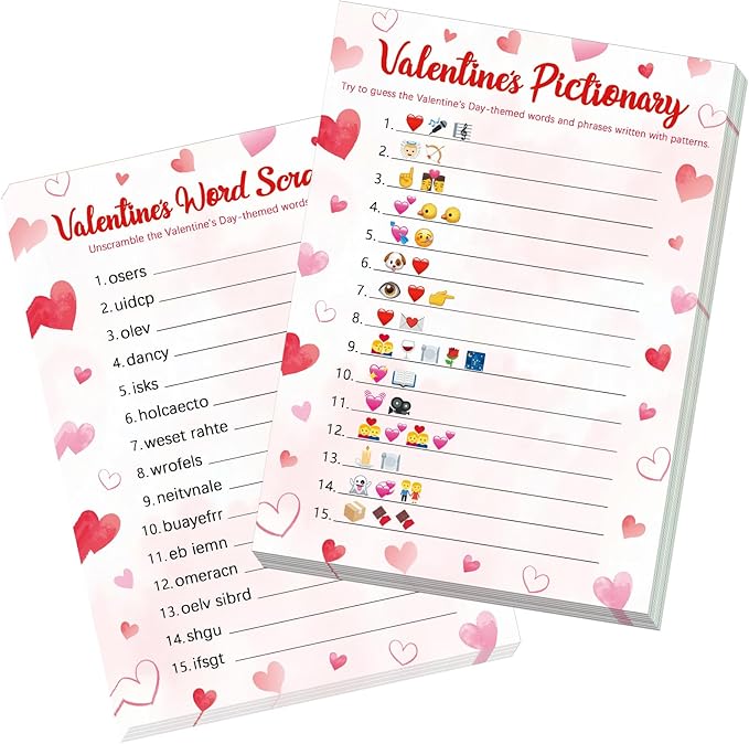 COCHIE 30 Players Valentine's Party Games for Adults Family Office Large Groups, Valentines Parties Words Pictionary Game, Phrases Guesstures Game, Word Scramble Games with Answer Key