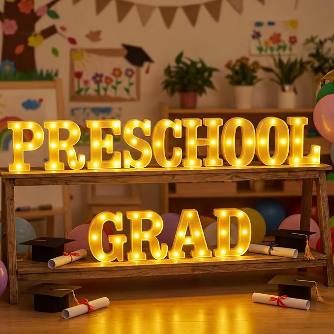 Honoson 13 Pcs Preschool Graduation Decorations Preschool Grad Letter LED Lights Sign Neon Lights Table Decoration for Kindergarten Graduation Party Supplies 2026