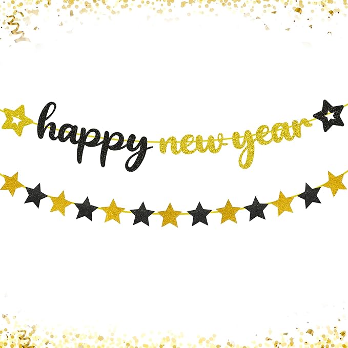 Happy New Year Banner, 2026 New Years Eve Party Supplies NYE Sign Decorations with Stars for Mantle Fireplace Holiday Decor