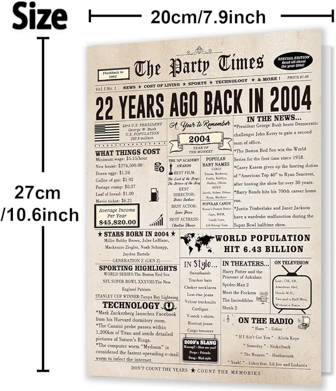 Huameigf Jumbo 22nd Birthday Card for Boyfriend Girlfriend, Retro 22nd Birthday Party Decorations Card for Women Men, Large 22 Year Old Birthday Gifts for Him Her