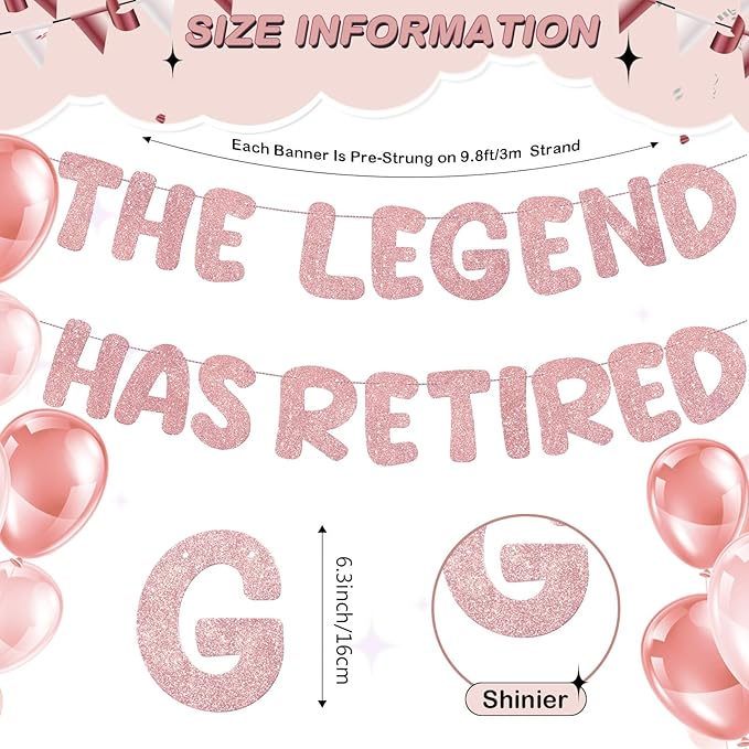 Fulmoon Pre Strung the Legend Has Retired Glitter Banner 9.8 ft Retirement Banner Retirement Party Decorations Garland Bunting for Men Women Gifts, No DIY(Rose Gold)