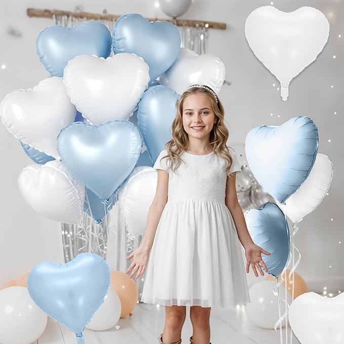 Baby Blue Heart Balloons, 10 Pcs Pastel Light Blue and White Heart Shaped Balloon, 18 Inch Cream Sand White Foil Balloons for Boys Men Brithday Bridal Baby Shower Wedding Valentines Party Decoration