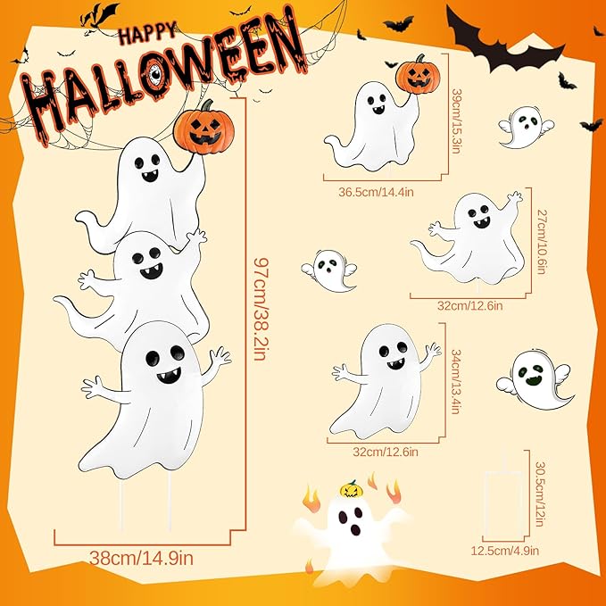 Halloween Ghost Yard Signs Metal Ghost Yard Sign with Pumpkin Halloween Metal Garden Stakes for Outdoor Garden Lawn Patio Pathway Horror Party Decorations