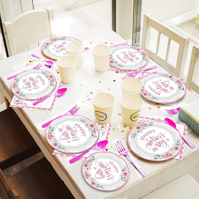 chiazllta 96 Pcs Happy Mother's Day Party Paper Plate and Napkins Set - 24 Guests, Pink, Spring Floral Design, Serves 24, Best Mom Ever Theme