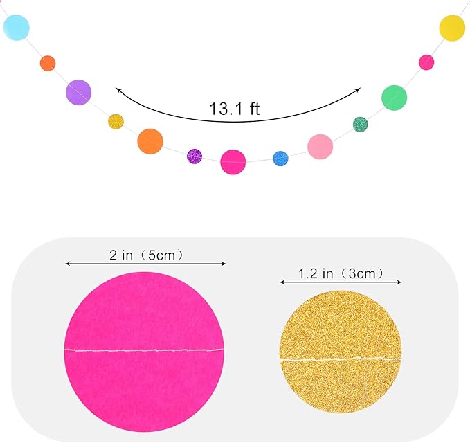 Outus 5 Pieces Colorful Dots Paper Garland Easter Decor Round Glitter Hanging Confetti Streamers Backdrop for Spring Birthday Classroom Halloween Trunk or Treat Car Decoration (Rainbow)