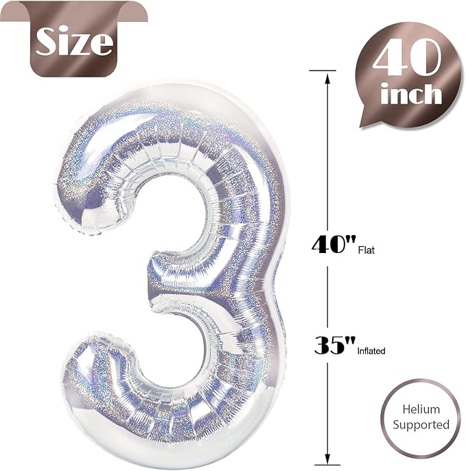 Laser Silver 3 Balloon, Number Balloons 40 Inch, 3rd Birthday Decorations for Kids Girls Women Party Supplies for Party Decorations, Number 3 Balloon
