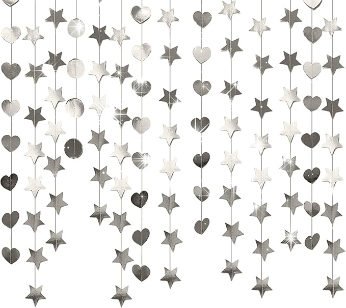 Silver Dot Heart Star Streamers 19.8 Feet Paper Garlands Glitter Disco Garland Hanging Banner for Birthday Homecoming Classroom Mothers Day Wedding Engagement Birthday Party Supplies
