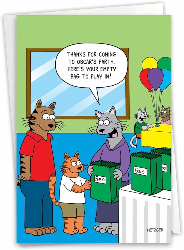 NobleWorks - 1 Funny Animal Card for Birthdays - Pet Cat and Dog Humor, Birthday Notecard with Envelope - Empty Bag C3334BDG