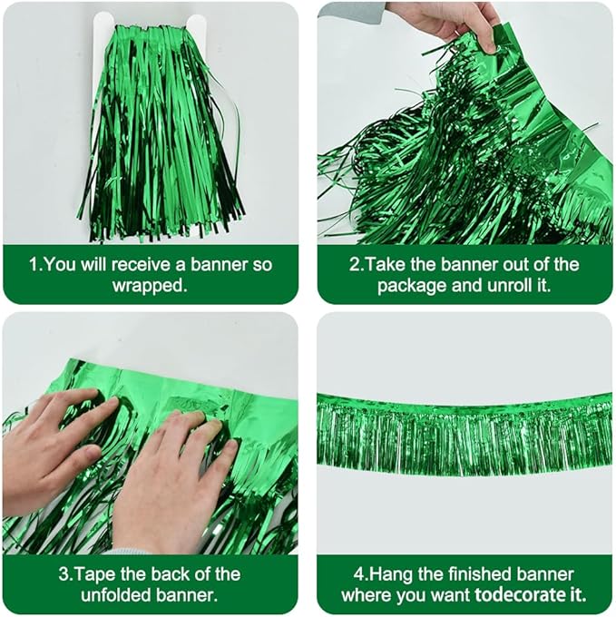 BEISHIDA 3 Packs Metallic Foil Fringe Garland Green Wall Hanging Tinsel Fringe Banner for Halloween Christmas Car Floats Bridal Shower Wedding Birthday Easter Graduation Holiday Party Decoration 30 Ft