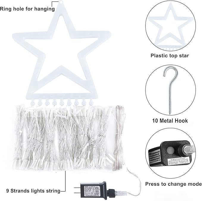 Christmas Decorations Star String Lights, 320 LEDs Outdoor Waterfall Tree Lights with 13" Topper Star, Plug in Waterproof Hanging Fairy Lights for Xmas New Year Holiday Party Yard Patio Decor