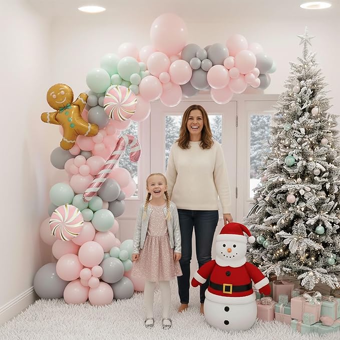Christmas Balloon Garland Arch kit green pink balloon with Gingerbread Balloon Cane Candy Foil Balloons for friendsmas Party Decorations Xmas New Year cookie Birthday Party Supplies globos de navidad
