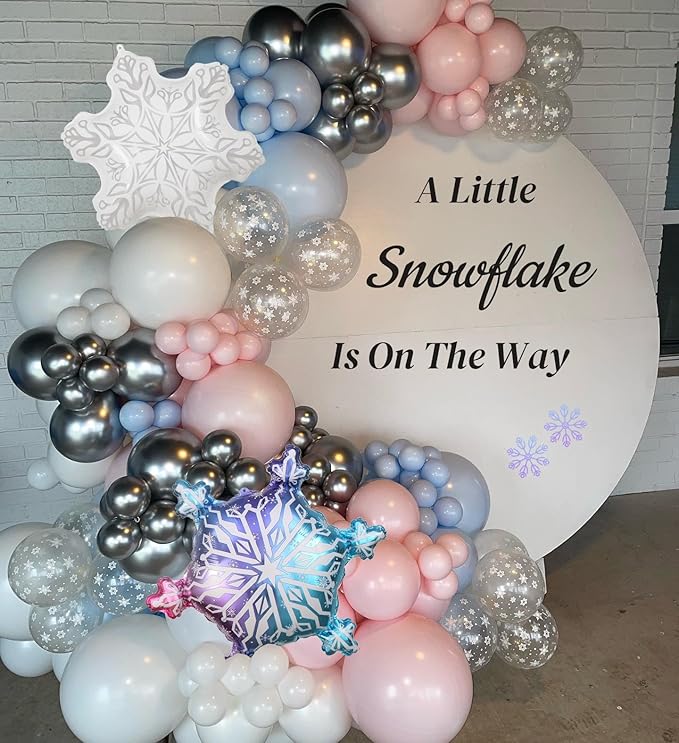 163pcs Little Snowflake Balloon Arch Kit - Metallic Pink Blue White Latex Balloons with Snowflake Foil Balloons for Winter Wonderland Party, Gender Reveal, Baby Shower, 1st Birthday Decorations