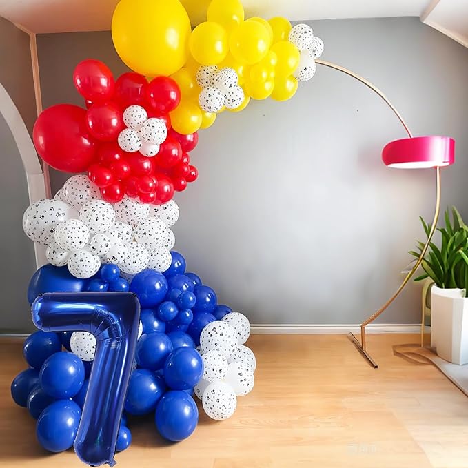 7th Birthday Decorations Boy, Dog Paw Seven Years Old Party Arch with Red Blue Yellow Long Latex Balloons 40 inch Number 7 Balloon and Star Foil for Paw Birthday Party Supplies