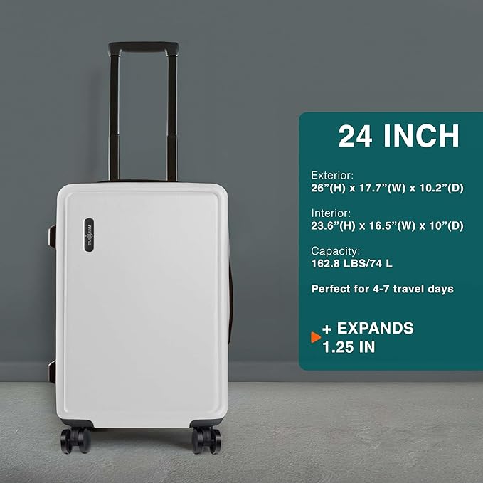 TRAVELARIM Luggage Sets 2 Piece, 24 Inch Suitcase and 28 Inch Luggage with Spinner Wheels, Durable Hard Shell Suitcase Set, Expandable Travel Suitcases with Wheels, White