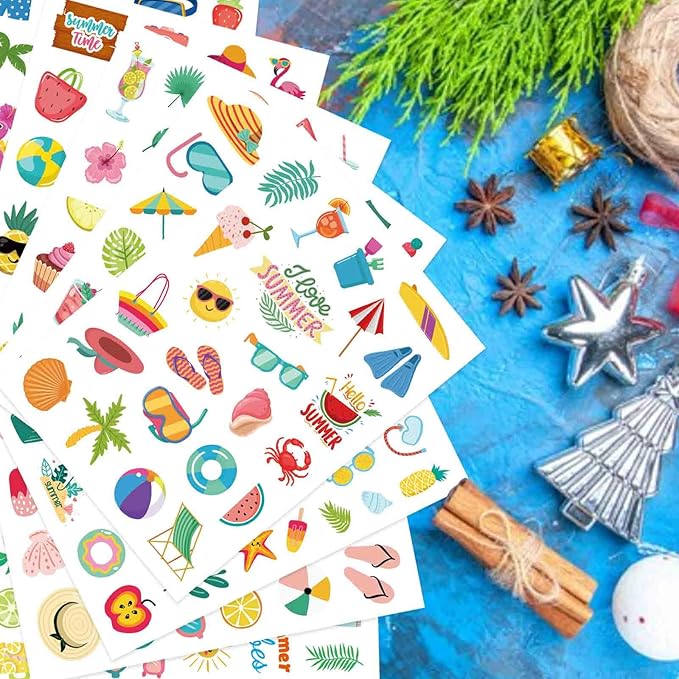 24 Sheets Summer Stickers Pool Beach Luau Hawaii Sun Stickers Hello Summer Ocean Beach Stickers, Watermelon Beer Ice Cream Pineapple Sticker, Summer Theme Family School Classroom Party Favor
