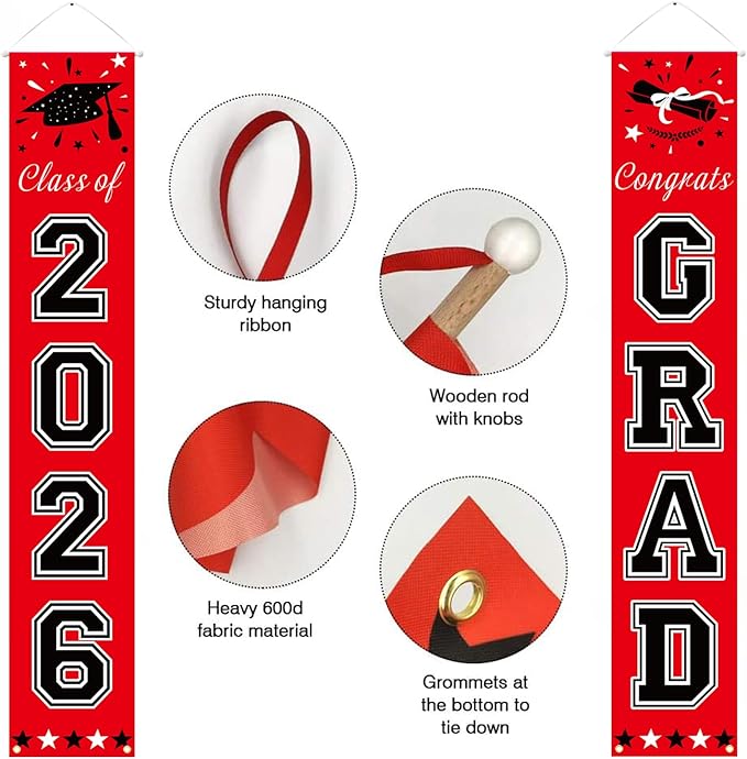 DAZONGE Graduation Decorations 2026, Red and Black Class of 2026 Decorations Graduation Banners for Any Schools or Grades Party Favor
