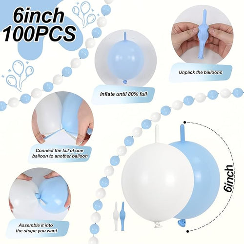 100PCS Blue and White Link Balloons, Baby Light Blue White Linking Balloons with Tail for Making Balloon Wall Arch and Chains, Quick Balloon for Wedding Birthday Baby Shower Party Decorations (6inch)