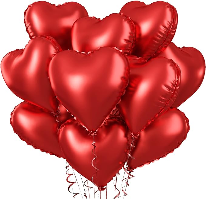 Biapian Red Heart Balloons, 10PCS 18inch Metallic Red Foil Heart Shaped Balloons for Helium, Valentine Decorations, Wedding, Birthday, Anniversary