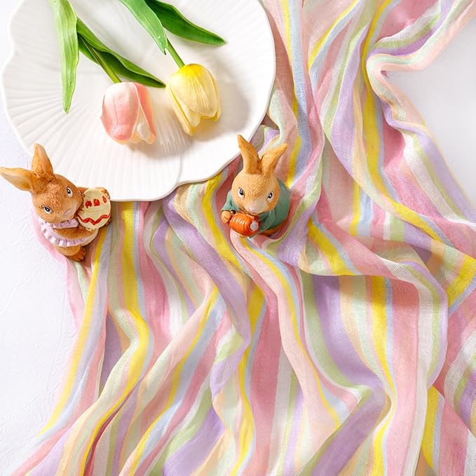 Socomi 3pcs Easter Stripe Cheesecloth Table Runner Gauze 120 Inch Rustic Boho Cheese Cloth Runner for Wedding Party Baby Bridal Shower Centerpiece Decoration Holiday Home Decorations