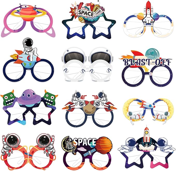 12PCS Outer Space Glasses, Astronaut Paper Eyeglasses Photo Booth Props for Outer Space Birthdays Party Supplies