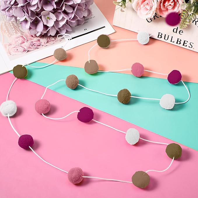 Irenare 9.8ft Pom Pom Garland Felt Rainbow Garland Graduation Party Decoration Colorful Pennant Tassel Banner Birthday Baby Shower Triangle Banner for Classroom School Mantel Fireplace(Pink)