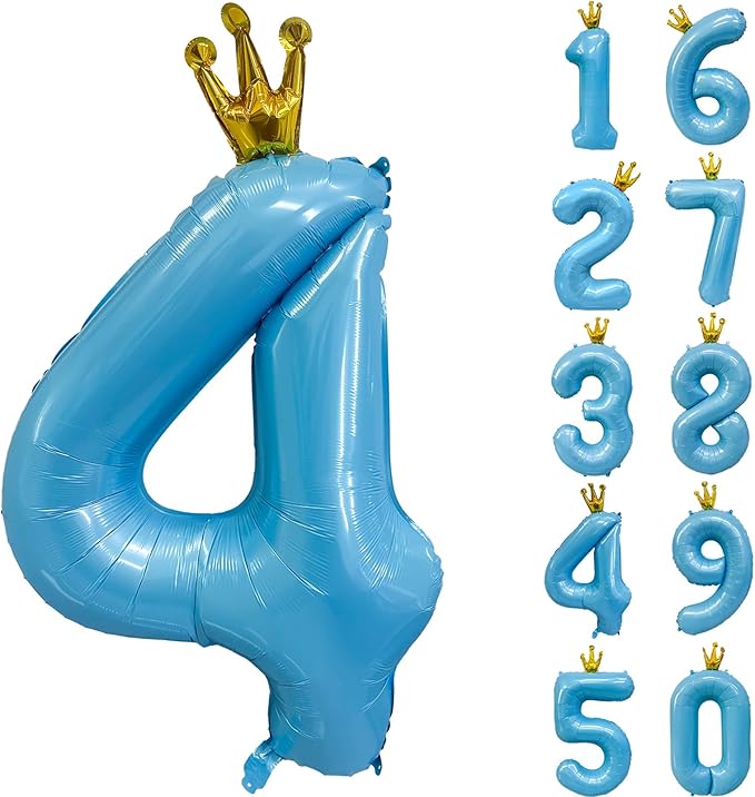 Blue Number 4 Balloon with Crown, 40 inch Blue Number Balloon 4th Birthday Party Decoration BlueCrown Balloons 0-9 for Birthday Party Anniversary Decorations Supplies