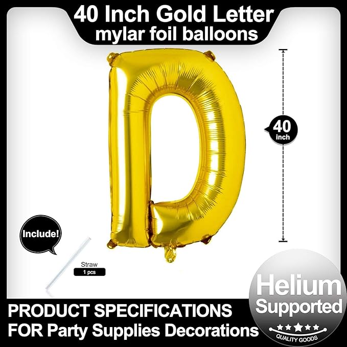 40 Inch Gold Letter D Balloons, DIY Phrase Foil Alphabet Letter D Balloons DIY Word D Banner for Birthday Anniversary Celebration Graduation Party Supplies Decoration