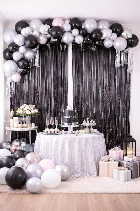 Black Foil Fringe Backdrop Curtain 2 Pack – 3.2 x 6.4 ft Metallic Tinsel Streamer Party Decoration for Photo Booth, Birthday Party, Graduation & Celebration Backdrop