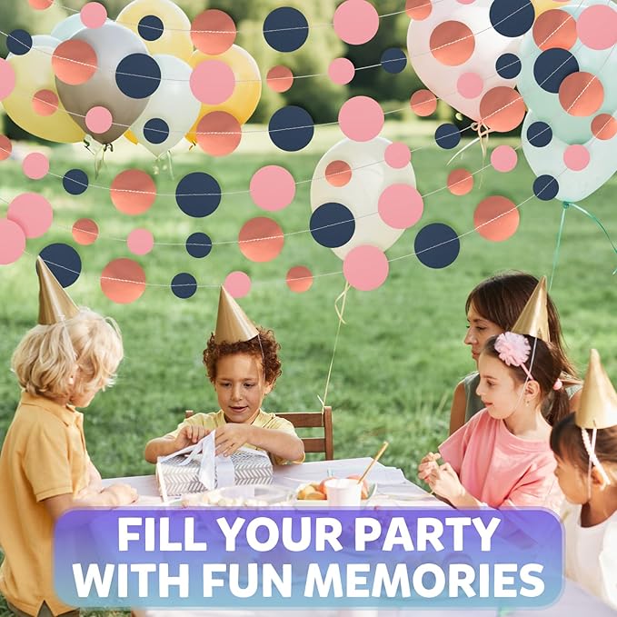 52FT Party Garlands, Paper Garland Circle Dots, Hanging Circle Banner Decorations for Birthday, Party, Wedding, Baby Shower, Graduations, Christmas, Wall Decor (Blue Pink Rose Gold Garlands)