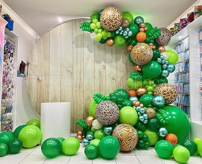Green Balloons - 80 Pcs, 12 Inch Different Shades Lime Green, Chrome Metallic, Latex Balloons with Confetti for Jungle Safari, Forest Themed Birthday Party Decoration
