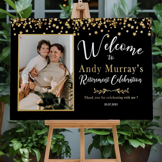 Modern Retirement Party Welcome Sign with Photo, Black and Gold Minimal with Photo Retirement Celebration Yard Sign, Customizable Name & Date - Multiple Sizes