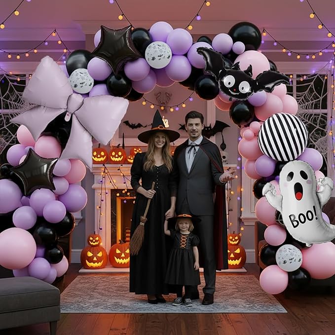 Halloween Little Boo Balloon Arch Kit Pink Purple Balloons with Cute Ghost Balloons Little Boo star bow balloons for Baby Shower Birthday Party Halloween Party Decoration