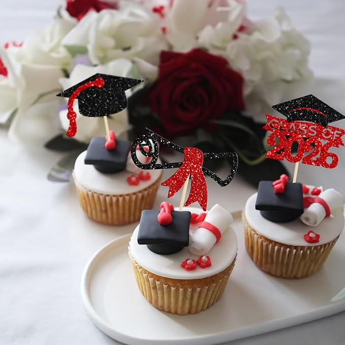Gyufise 24Pcs 2026 Graduation Theme Cupcake Toppers Glitter Diploma Graduation Cap Cupcake Picks Class of 2026 Cake Decorations for 2026 Grad Theme Party Supplies Black Red