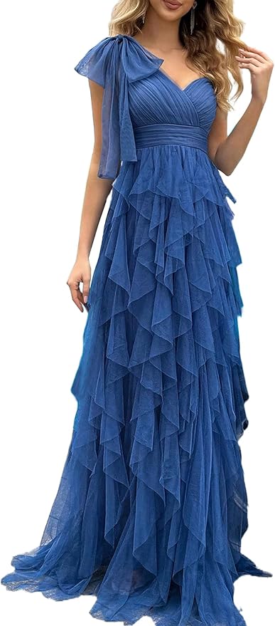 Summer Women Tulle Prom Dress Elegant Bow One Shoulder Slit Evening Party Gown Wedding Guest Bridesmaid Maxi Dress