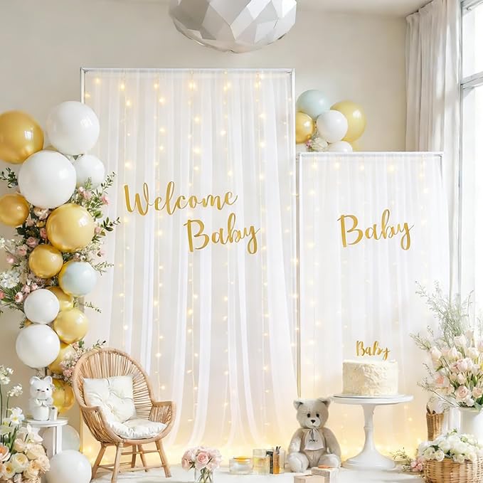 White Tulle Backdrop Curtain with Lights, Elegant Sheer Photo Backdrop Drapes, Soft Fabric Curtain for Weddings Brithday Parties Photography Background Decor, 10ftx8ft