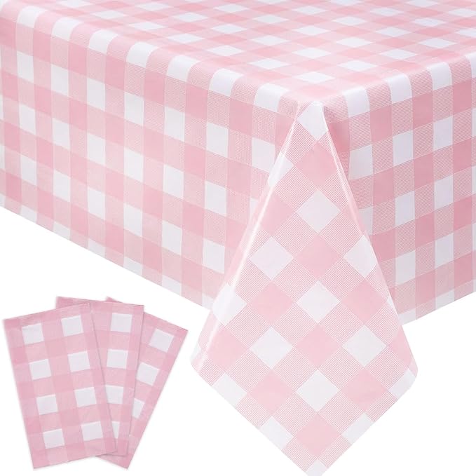 Oigco Pink Gingham Tablecloth - 3 Pack 54" × 108" Rectangle Disposable Pink and White Checkered Tablecloth, Picnic Table Cover for Party, Wedding, Birthday
