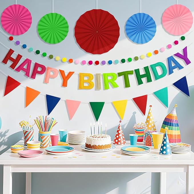 Pre-Strung Happy Birthday Banner, Reusable Felt Birthday Party Decorations, 3D Effect Happy Birthday Sign with Felt Ball Garland, Pennant Flag, Hanging Paper Fans for Men Women Boy Girls (Rainbow)