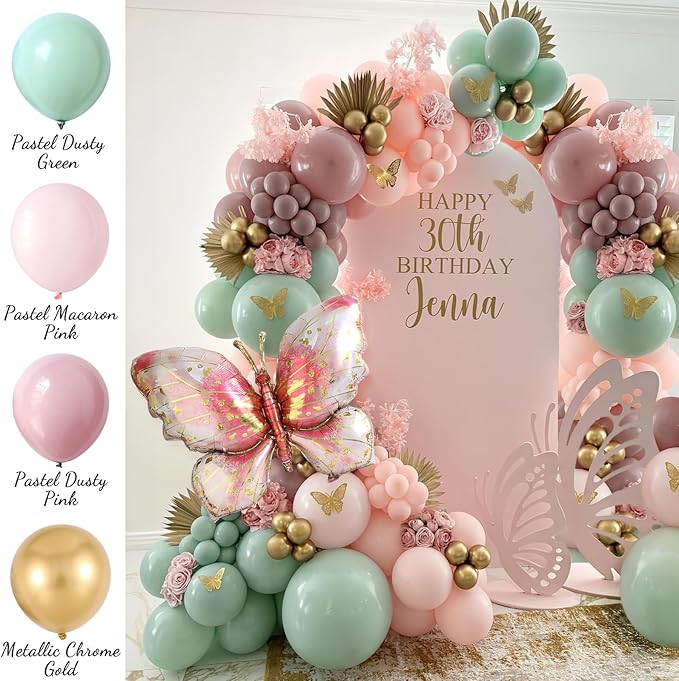 Spring Butterfly Balloon Arch Kit,137Pcs Pastel Pink Green Gold Balloon Garland with 3D Stickers,Big Butterfly Foil Balloon for Girls Fairy Birthday Bridal Baby Shower Tea Party Decoration