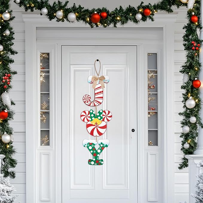 Christmas Joy Door Sign Decorations, Wooden Wall Hanging Sign Décor for Christmas Party Supplies, Peppermint Wood Mouse Shaped Decorative Xmas Home Porch Plaques Ornaments Indoor and Outdoor (JOY)