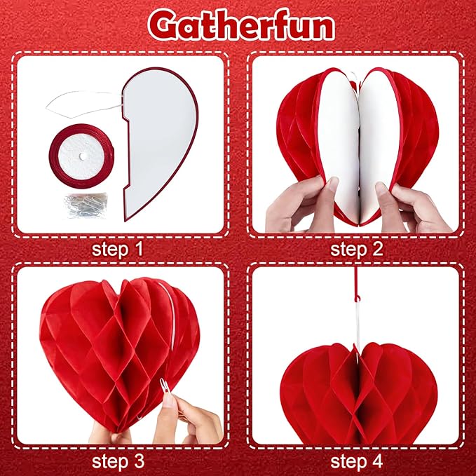 12 Pcs Heart Honeycomb Ball Heart Shaped Hanging Paper Pom Poms Decorations Valentines Photo Backdrop Decor Birthday Wedding Baby Shower Party Supplies