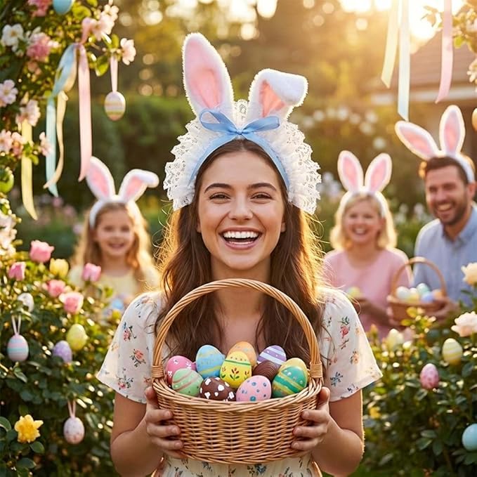 Blync Easter Bunny Ears Headband, Lace Curly Rabbit Hair Accessories, Pink Bow Hairband for Party, Photos, Cosplay