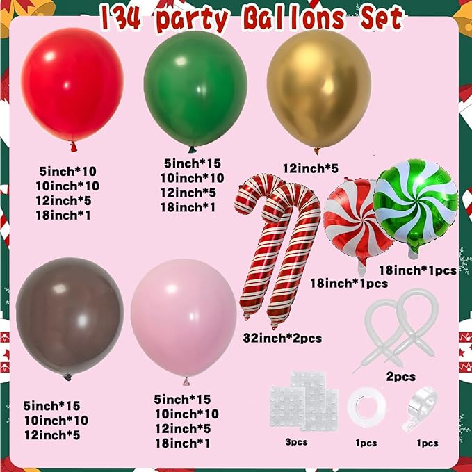 Pink Christmas Balloon Arch Kit Red Green Candy Cane Balloons Brown Gold Diy Gingerbread Balloon Arch Garland for Xmas Christmas Birthday Party Decorations Holiday New Year Decor