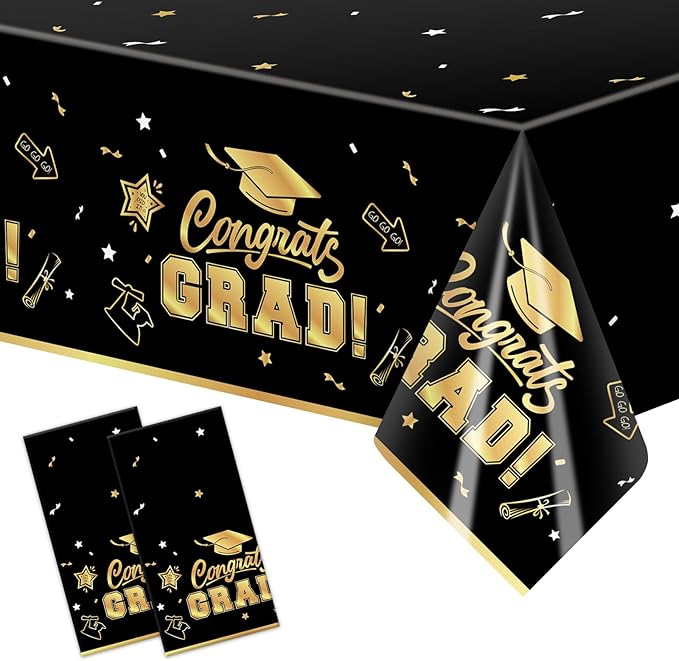 2-Piece 54 x 108 Inch Graduation Plastic Tablecloth – Graduation Disposable Rectangle Table Covers with “Congrats Grad” Design for Class of 2026 Party, School and Home Decorations