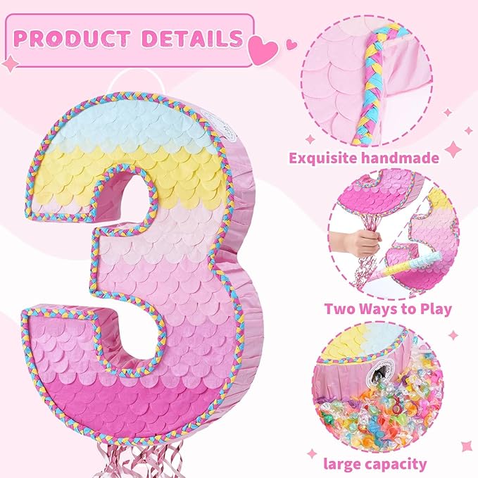 WERNNSAI Pink Sweet Three Piñata - Number 3 Piñata Happy Birthday Decoration Pink Rainbow Design Party Games for Girl Princess Baby Shower Party Favor with Blindfold Anniversary Celebration Supplies