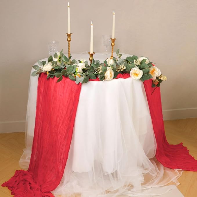 Snowkingdom 6 PCS Red Cheesecloth Table Runner 10 Ft, 120 inch Long Cheese Cloth Gauze Runners for Christmas Wedding Bridal Baby Shower Birthday Holiday Party Table Decorations