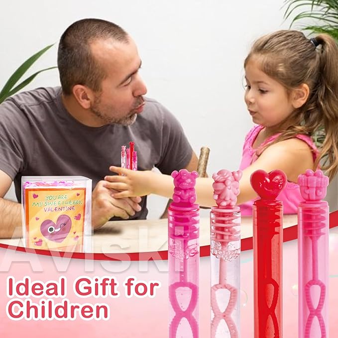28 Pack Cards for Kids, 4 Different Designs Cute Bubble Wands with Valentines Gift Cards for Boys Girl School Classroom Exchange Prize, Fun Valentines Party Favors Toys
